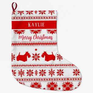 Calcetín Navideño Grande Perro Terrier Escocés Nórdico Rojo Navidad