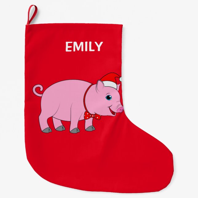 Calcetín Navideño Grande Personalizable 2-Sided del cerdo del navidad (Anverso)