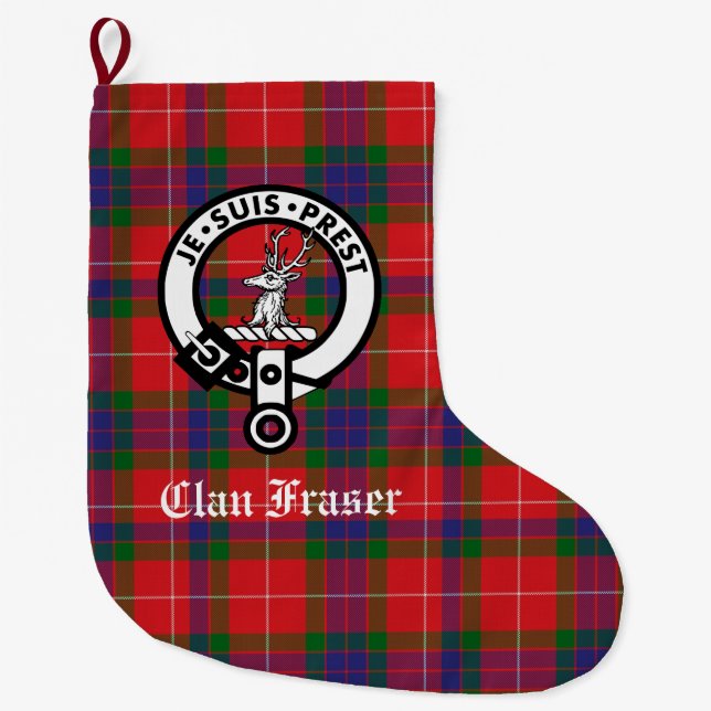 Calcetín Navideño Grande Personalizable Clan Fraser Escudo Badge & Tartan (Anverso)