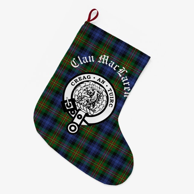 Calcetín Navideño Grande Personalizable Clan MacLaren Escudo Badge & Tartan (Frente (Colgado))