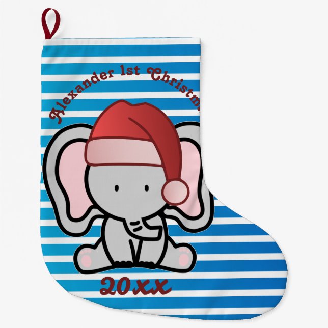 Calcetín Navideño Grande Personalizado Azul Nombra Niño Primera Navidad 202 (Anverso)