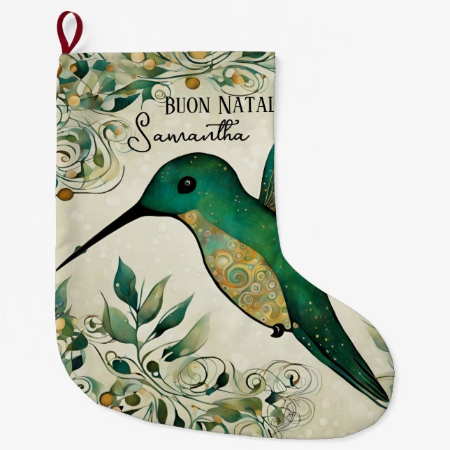 Calcetín Navideño Grande Personalizado Buon Natale Green Hummingbird (Anverso)