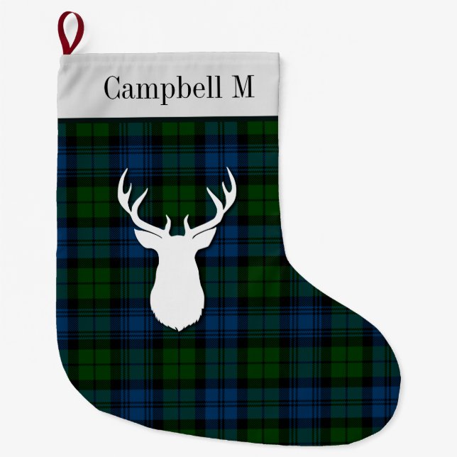 Calcetín Navideño Grande Personalizado Campbell Military Tartan Green Plaid (Anverso)