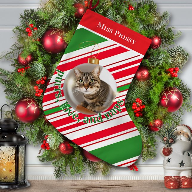 Calcetín Navideño Grande Personalizado Cat Photo Stocking Purrs Love Naps (Subido por el creador)