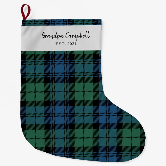 Calcetín Navideño Grande Personalizado Clan Campbell Plaid Abuelo (Anverso)