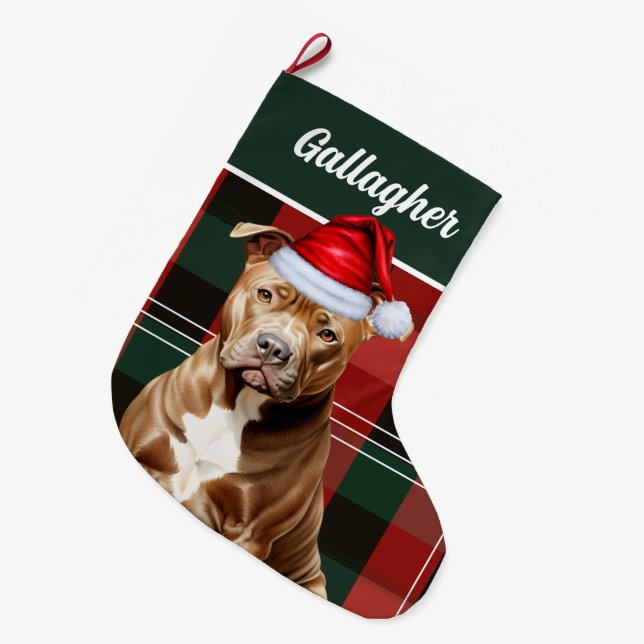 Calcetín Navideño Grande Personalizado Cute Brown Pitbull Dog Red Green Pla (Frente (Colgado))
