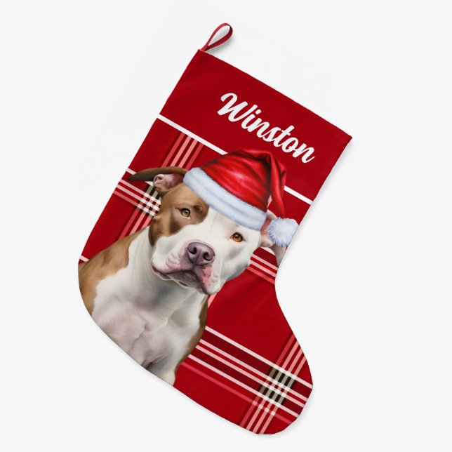 Calcetín Navideño Grande Personalizado Cute Staffordshire Dog and Red Plaid (Frente (Colgado))