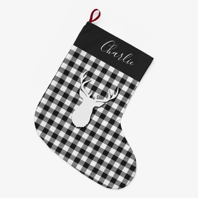Calcetín Navideño Grande Personalizado de ciervos Black White Check (Frente (Colgado))