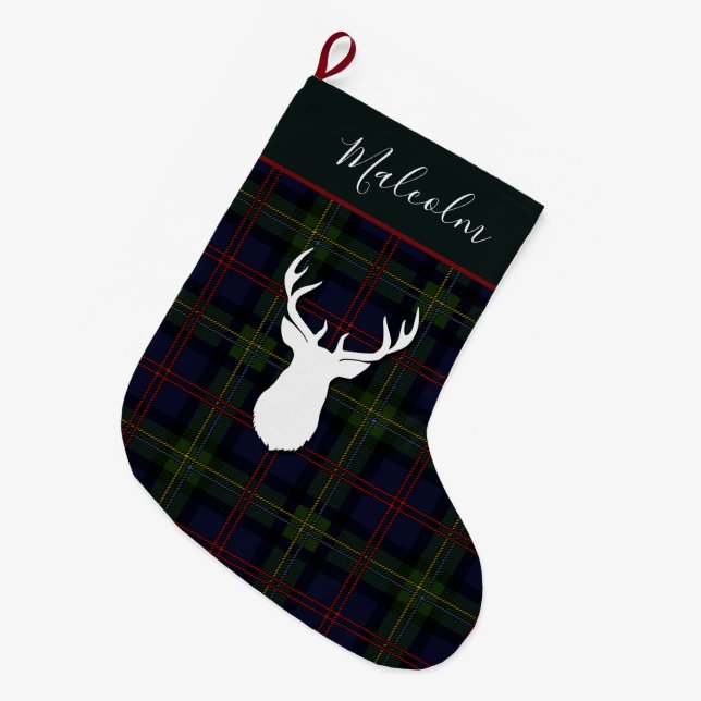 Calcetín Navideño Grande Personalizado de Deer Deer Plaid de Tartan (Frente (Colgado))
