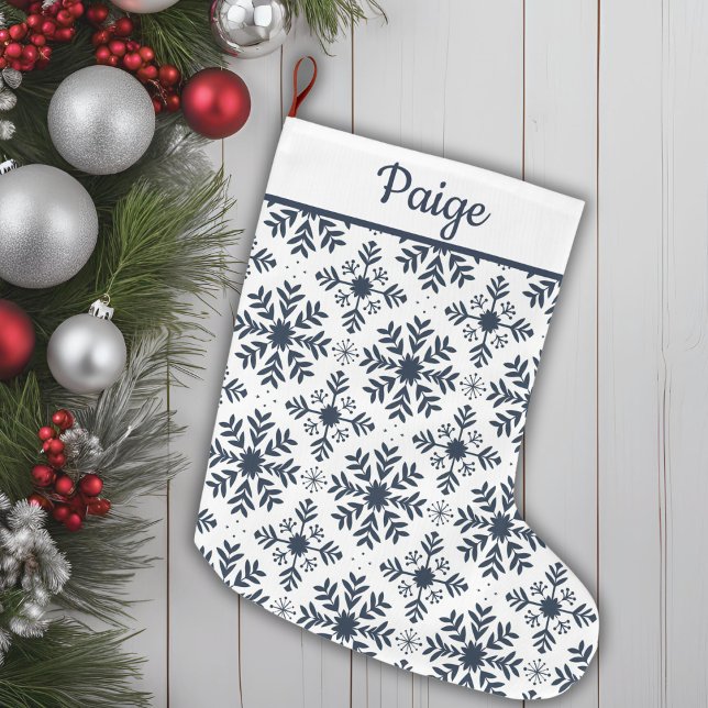 Calcetín Navideño Grande Personalizado De Patrón De Copos De Nieve Nórdicos (Blue And White Nordic Snowflake Pattern Custom Large Christmas Stocking)