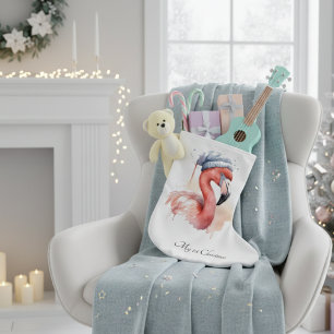 Calcetín Navideño Grande Personalizado de Santa Claus Snowbird Flamingo