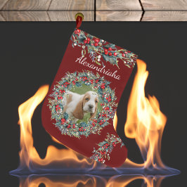 Calcetín Navideño Grande Personalizado de Wreath Navidades de foto y nombre