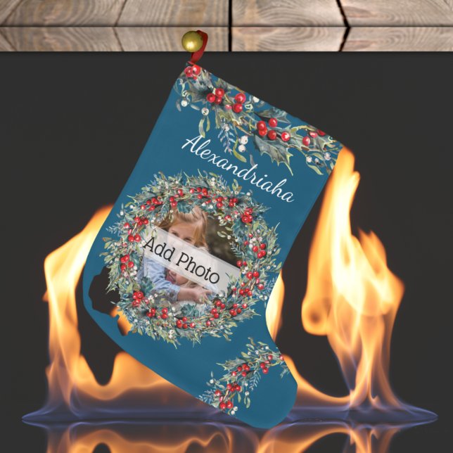 Calcetín Navideño Grande Personalizado de Wreath Navidades de foto y nombre (Subido por el creador)