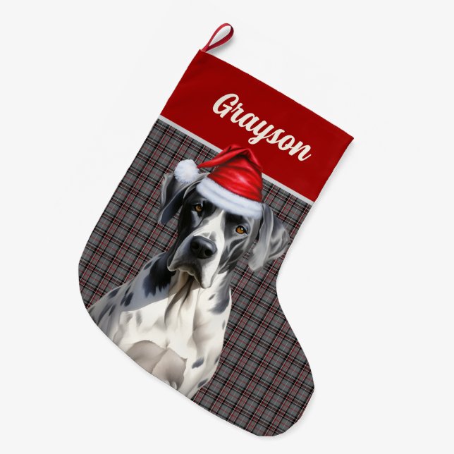 Calcetín Navideño Grande Personalizado el nombre de perro canino gris rojo (Frente (Colgado))
