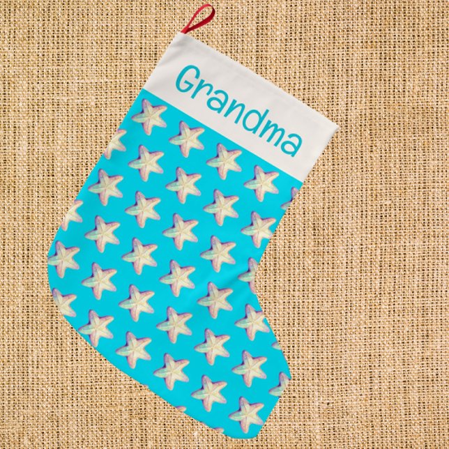 Calcetín Navideño Grande Personalizado Estrella de Mar con Brillo Tropical  (Sparkly starfish personalized stocking!)