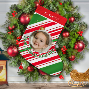 Calcetín Navideño Grande Personalizado Love Peace Joy Photo