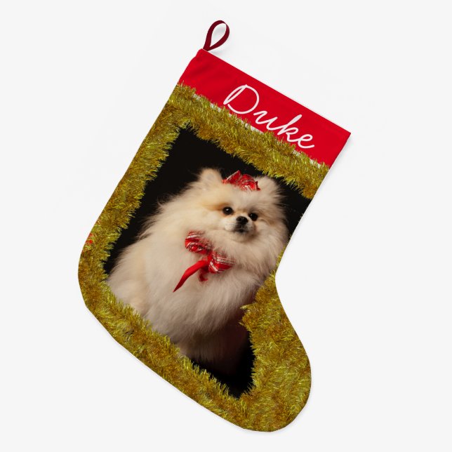Calcetín Navideño Grande Personalizado mascota Foto/ Nombre Pequeños Navida (Frente (Colgado))