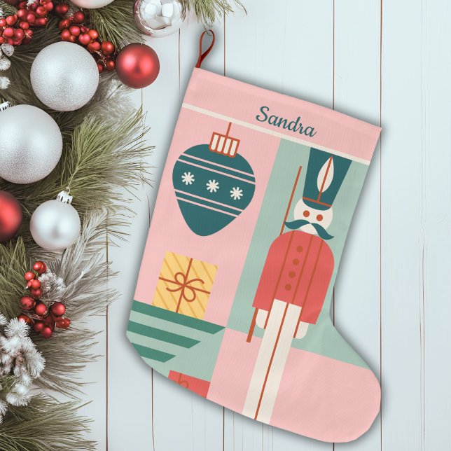 Calcetín Navideño Grande Personalizado Moderno, Rosa Y Verde De Mediados De (Mid-Century Modern Pink And Green Personalized Large Christmas Stocking)