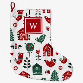 Calcetín Navideño Grande Personalizado Monogramado rojo y verde escandinavo