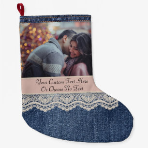 Calcetín Navideño Grande Personalizado Pic/Text Blue Jeans Denim Moda Lace