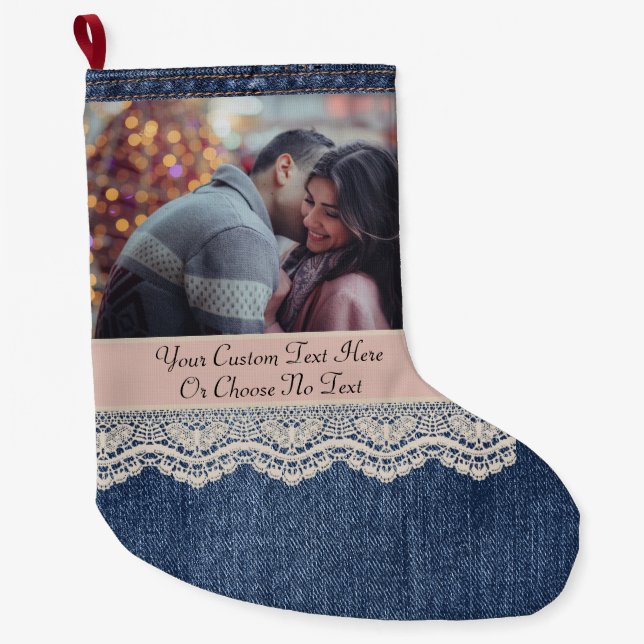 Calcetín Navideño Grande Personalizado Pic/Text Blue Jeans Denim Moda Lace (Anverso)