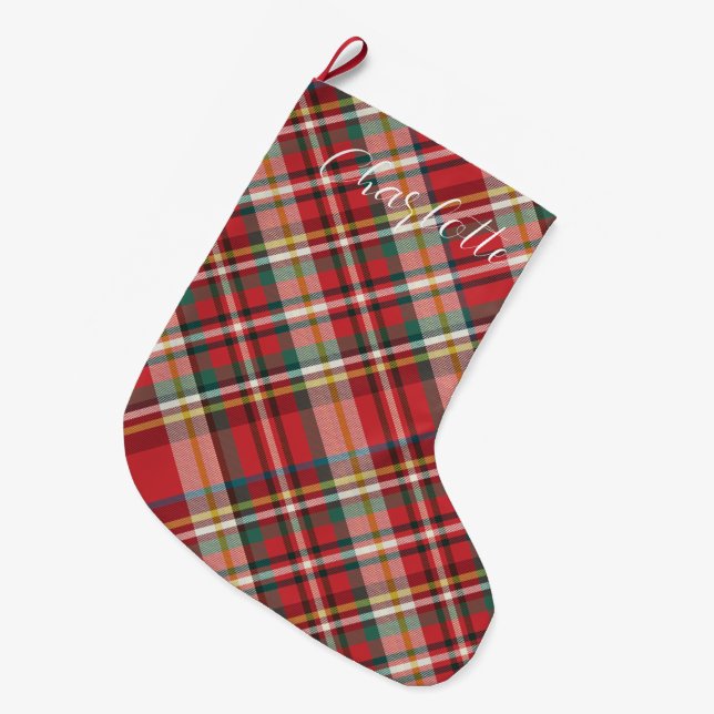 Calcetín Navideño Grande Personalizado rojo guion de plaid personalizado pa (Frente (Colgado))