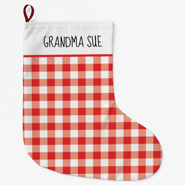 Calcetín Navideño Grande Personalizado Rústico Rojo y Blanco de Gingham (Anverso)