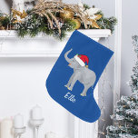 Calcetín Navideño Grande Personalizados  elefantes azules Navidades<br><div class="desc">Este hermoso elefante Navidad presenta un hermoso elefante sonriente con un sombrero rojo de Santa con un baúl elevado. Este bonito de Navidades de animales personalizados está decorado con un bonito fondo azul. Personaliza con tu propio texto.</div>