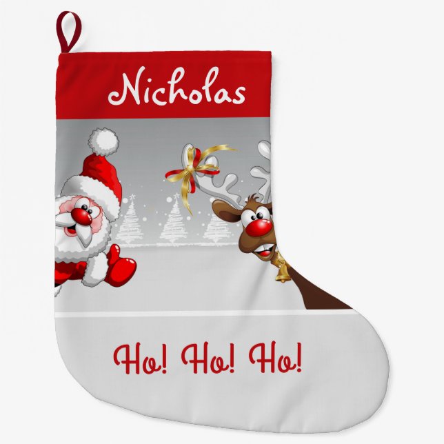 Calcetín Navideño Grande Personalizados Navidades Santa & Reindeer Ho! ¡Ho! (Anverso)