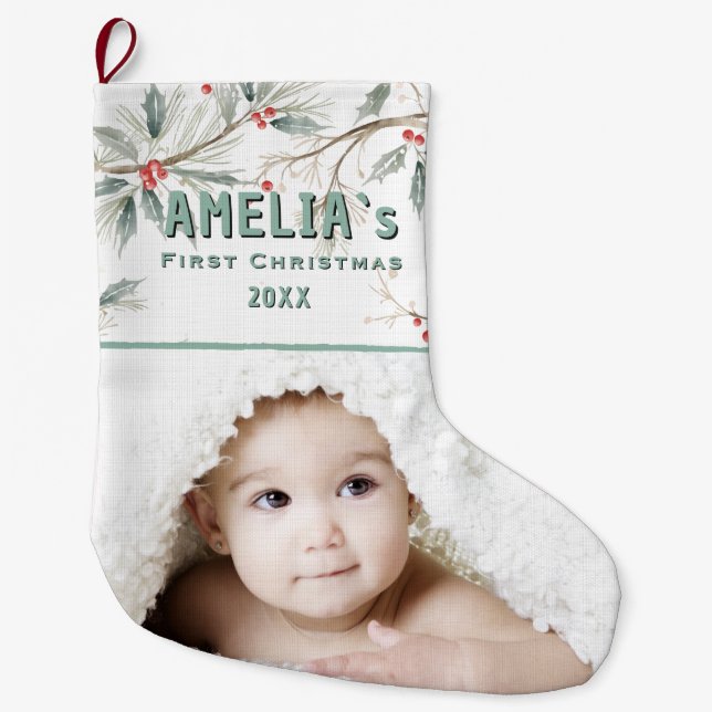 Calcetín Navideño Grande Personalized Baby First Christmas Berry Photo (Anverso)
