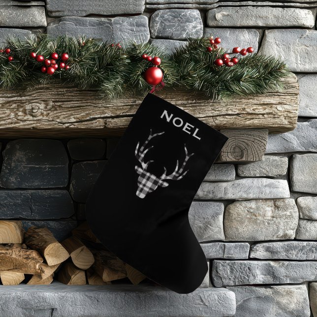 Calcetín Navideño Grande Personalized Black Plaid Deer Christmas Stockings (chic personalized christmas stocking. modern black plaid check deer.)