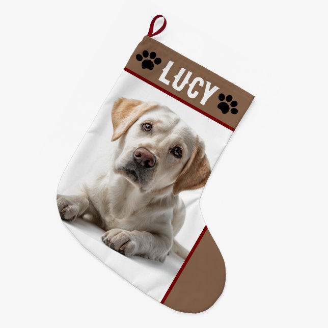 Calcetín Navideño Grande Personalized Dog Photo & Name | Christmas Stocking (Frente (Colgado))