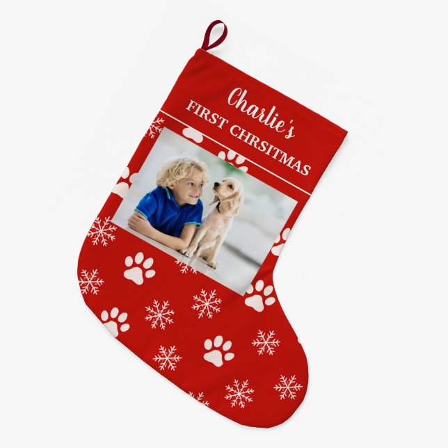Calcetín Navideño Grande Personalized Dog Photo Name First Christmas Dog (Frente (Colgado))