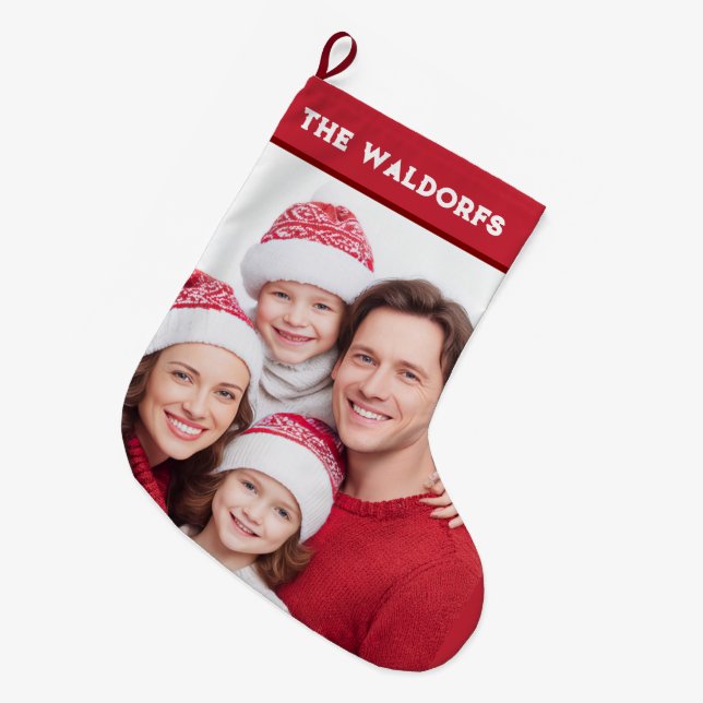 Calcetín Navideño Grande Personalized Family Photo Christmas Stocking (Frente (Colgado))