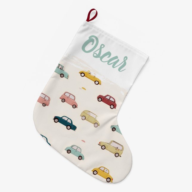 Calcetín Navideño Grande Personalized Name Festive Cars Christmas Stocking (Frente (Colgado))