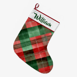 Calcetín Navideño Grande Personalized Red & Green Plaid Christmas Stocking