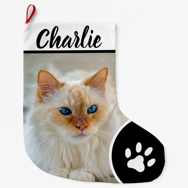 Calcetín Navideño Grande Personalized Simple Paw Pet Photo Monogram Name (Anverso)