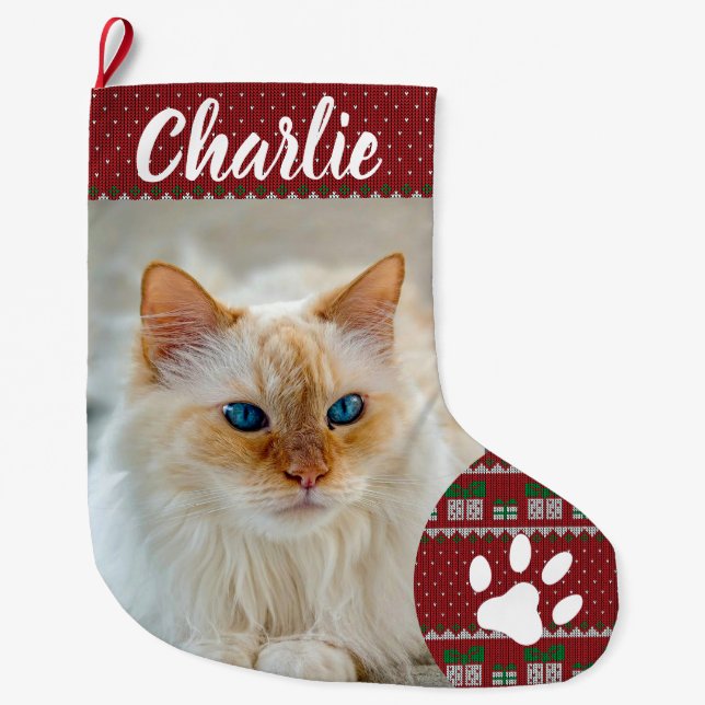 Calcetín Navideño Grande Personalized Simple Paw Pet Photo Monogram Name (Anverso)