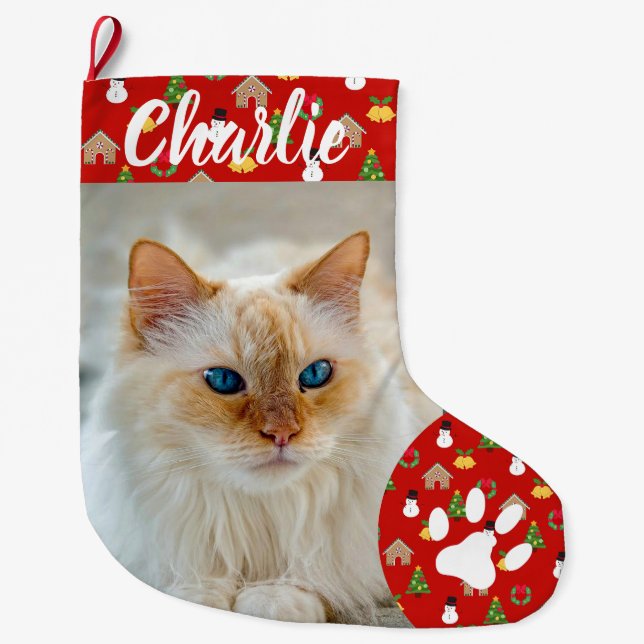 Calcetín Navideño Grande Personalized Simple Paw Pet Photo Monogram Name (Anverso)