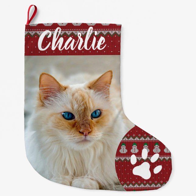 Calcetín Navideño Grande Personalized Simple Paw Pet Photo Monogram Name (Anverso)