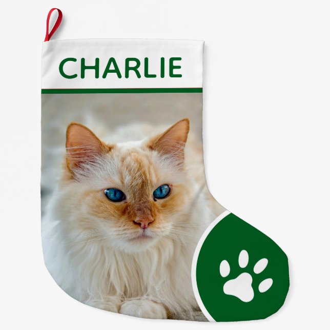 Calcetín Navideño Grande Personalized Simple Paw Pet Photo Monogram Name (Anverso)