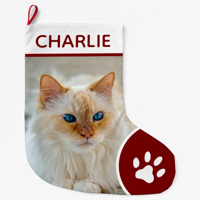 Calcetín Navideño Grande Personalized Simple Paw Pet Photo Monogram Name (Anverso)