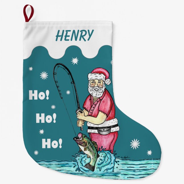 Calcetín Navideño Grande Pesca de Bass Santa Claus (Anverso)