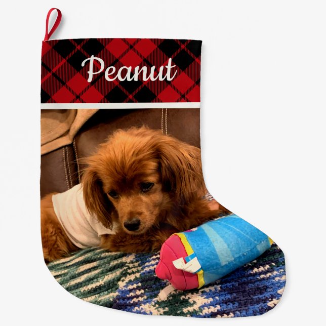 Calcetín Navideño Grande Pet Photo Red Plaid Reversible Personalized (Anverso)
