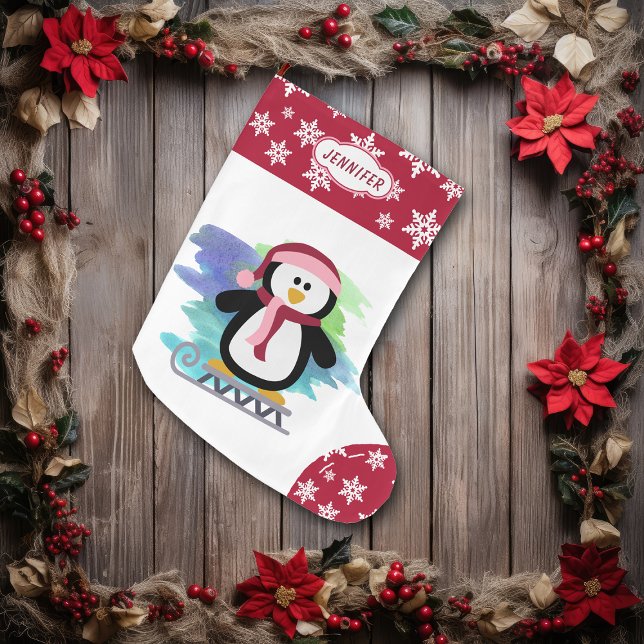 Calcetín Navideño Grande Pingüino De Cute Sled (Subido por el creador)