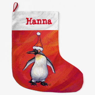 Calcetín Navideño Grande Pingüino en el gorra de Santa en rojo