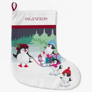 Calcetín Navideño Grande Pingüinos con Trineo lleno de Regalos de Navidad