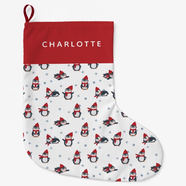 Calcetín Navideño Grande Pingüinos Cutos Aves de Invierno Animales Árticos (Anverso)