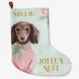 Calcetín Navideño Grande Pink Dachshund & Green Gingham Joyeux Noël
