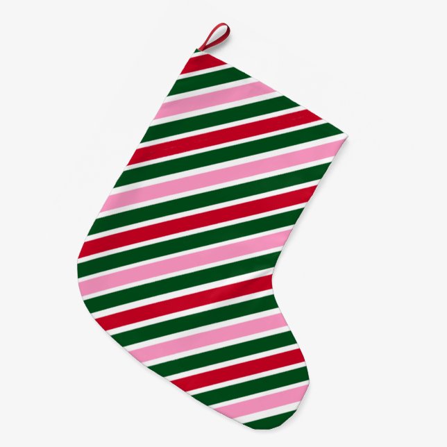 Calcetín Navideño Grande  Pink Green and Red Christmas Candy Cane Stripes  (Frente (Colgado))